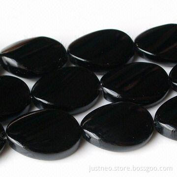 Black twisted oval semi precious agate gemstone, beaded strand, polished finish